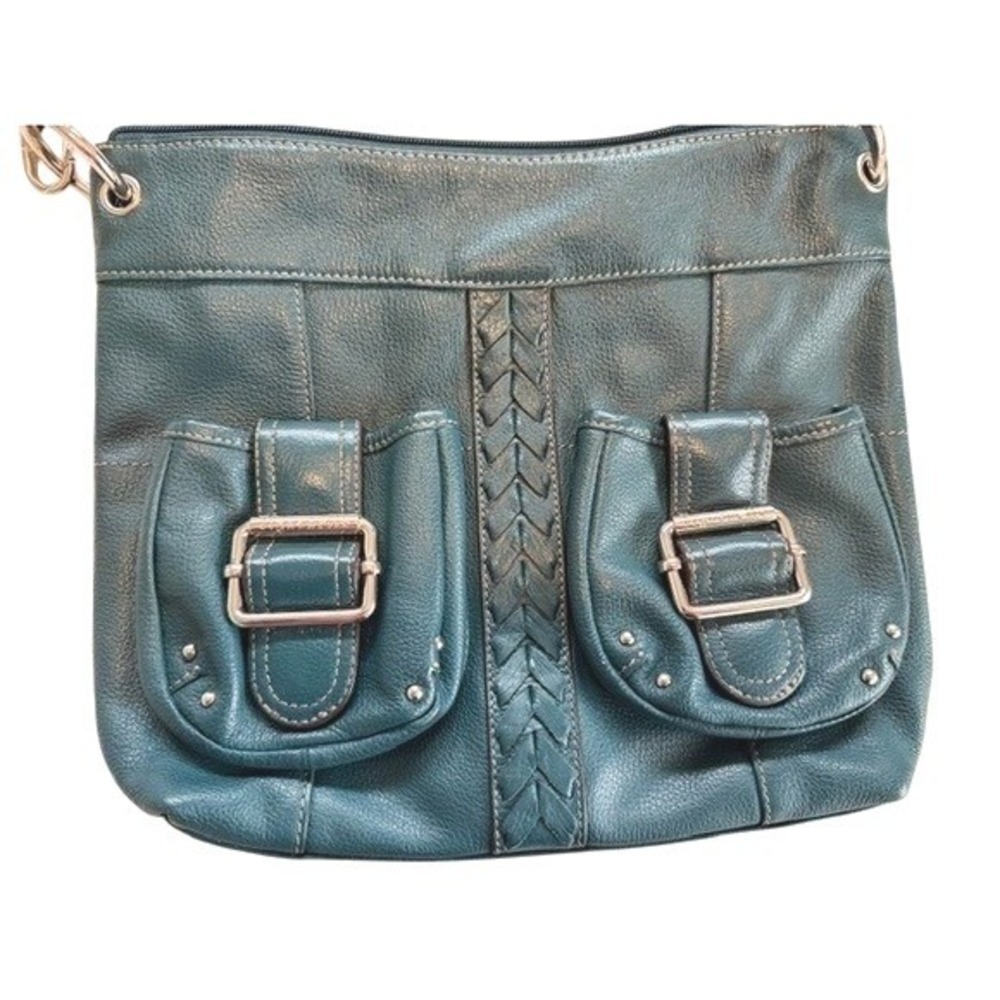 Tignanello Teal Leather Crossbody Bag Braided Buckle Y2K Boho Shoulder Purse